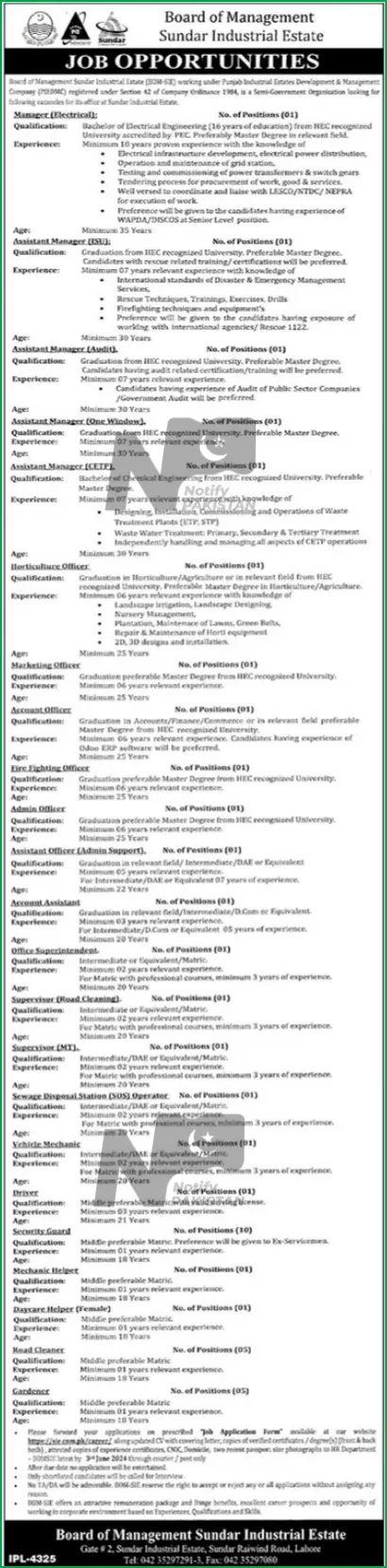 Board Of Management Sundar Industrial Estate SIE Jobs 2024 Advertisement