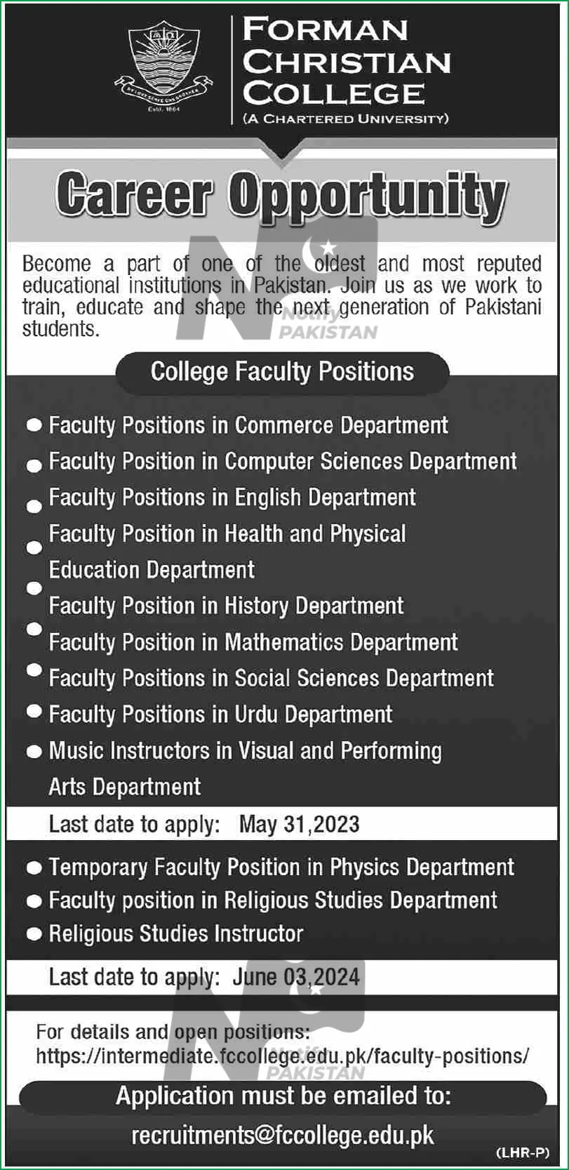 Forman Christian College Lahore Jobs 2024 Advertisement