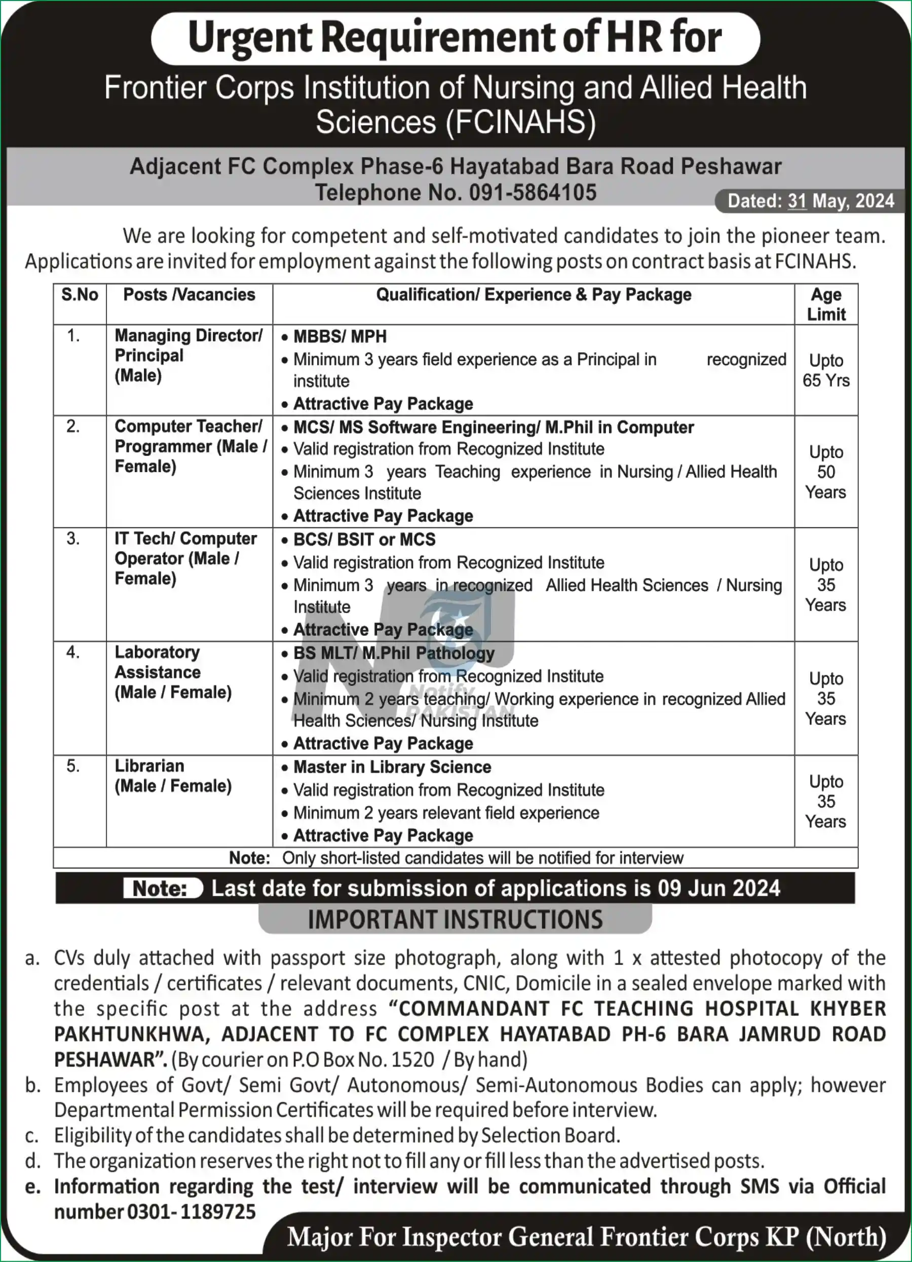 Frontier Corps Institution of Nursing and Allied Health Sciences FCINAHS Peshawar Jobs 2024 Advertisement