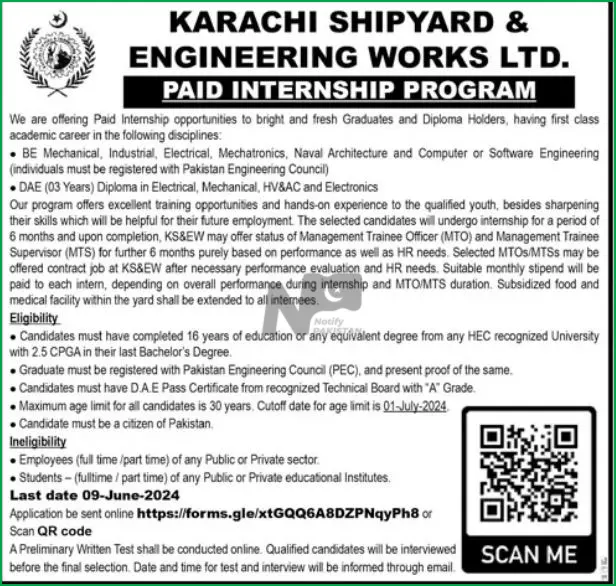  Karachi Shipyard And Engineering Works Limited KSEW Internship Program 2024 Advertisement