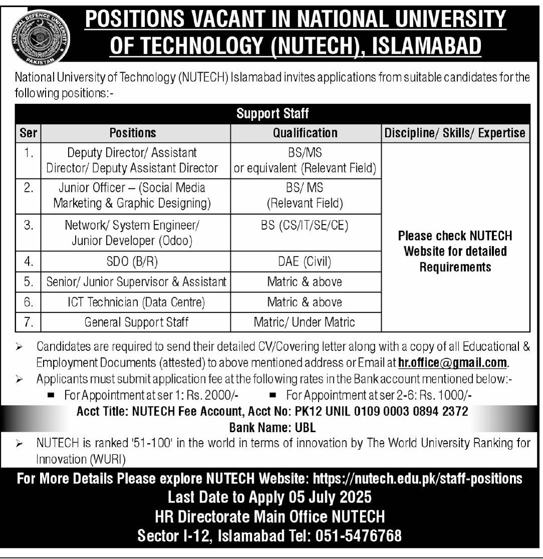 Lastest National University of Technology NUTECH Islamabad Jobs 2025 Advertisement