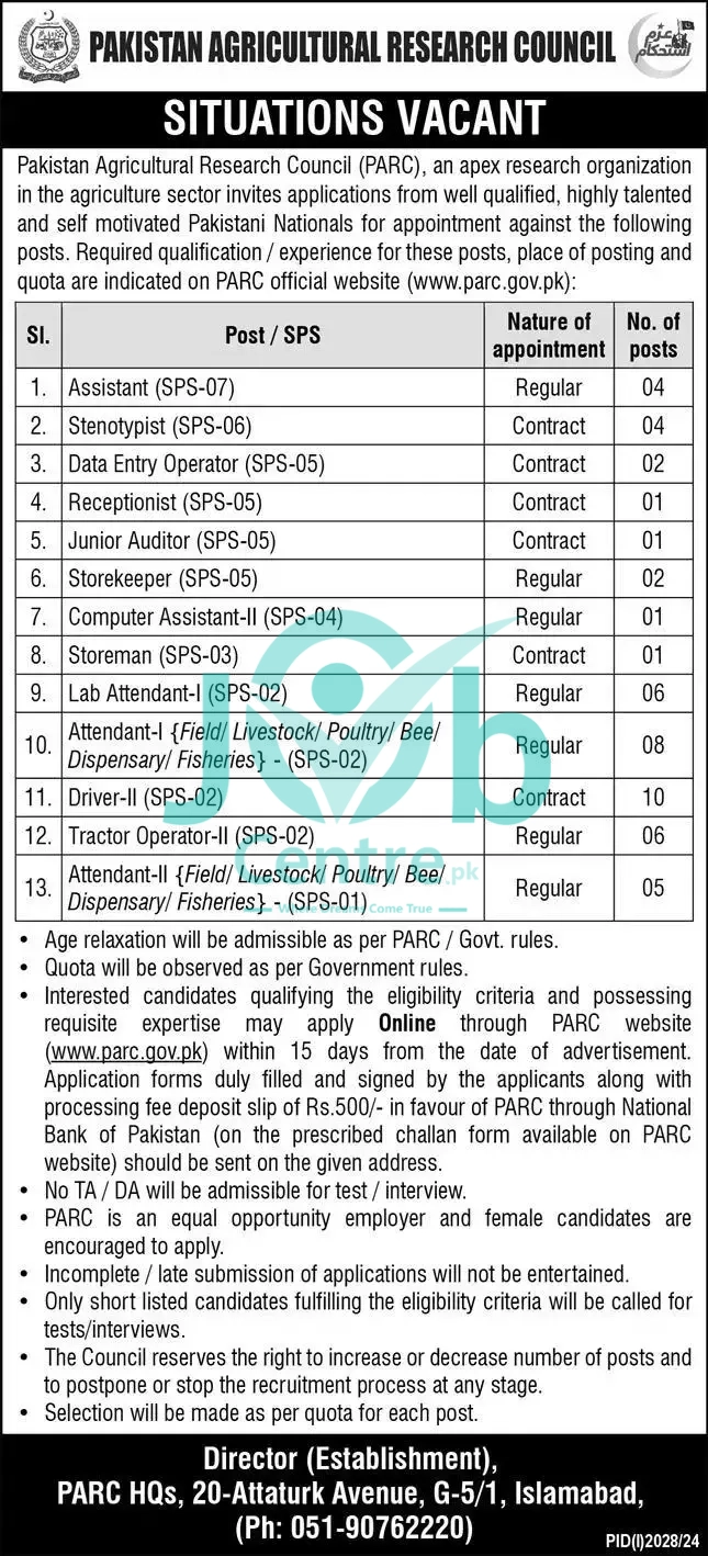 Latest Pakistan Agricultural Research Council Jobs 2024 Advertisement