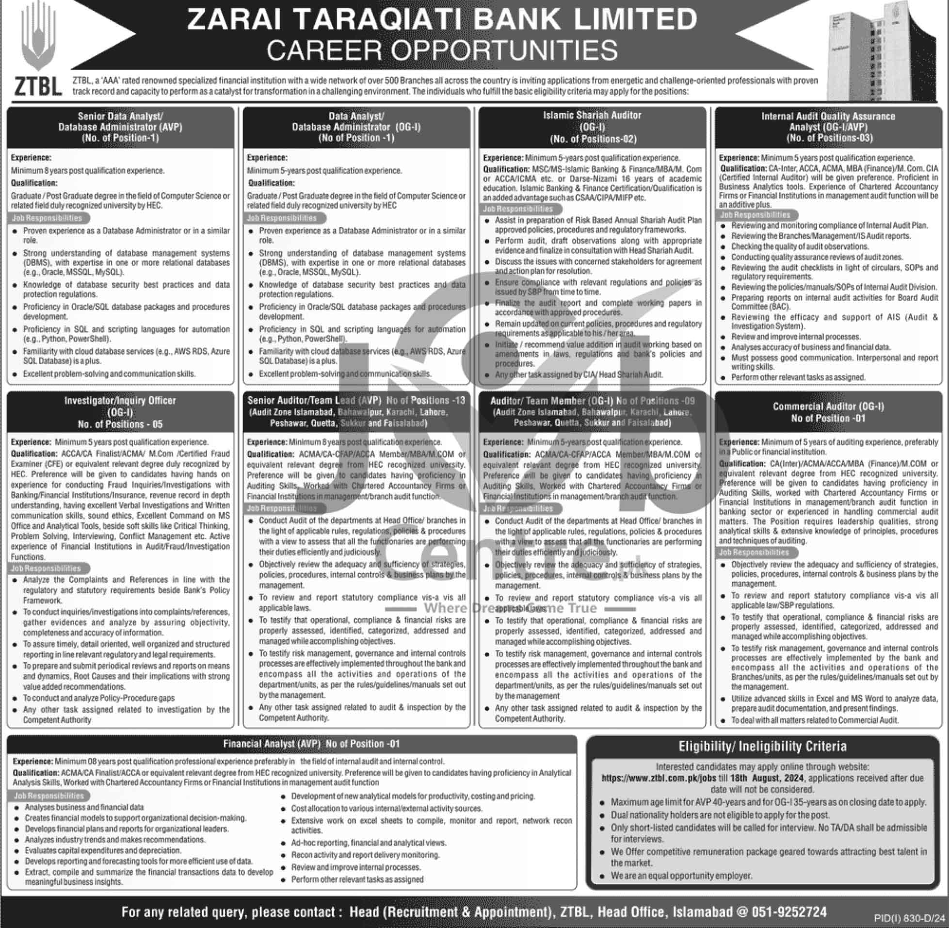 Zarai Taraqiati Bank Limited ZTBL Careers 2024 Advertisements