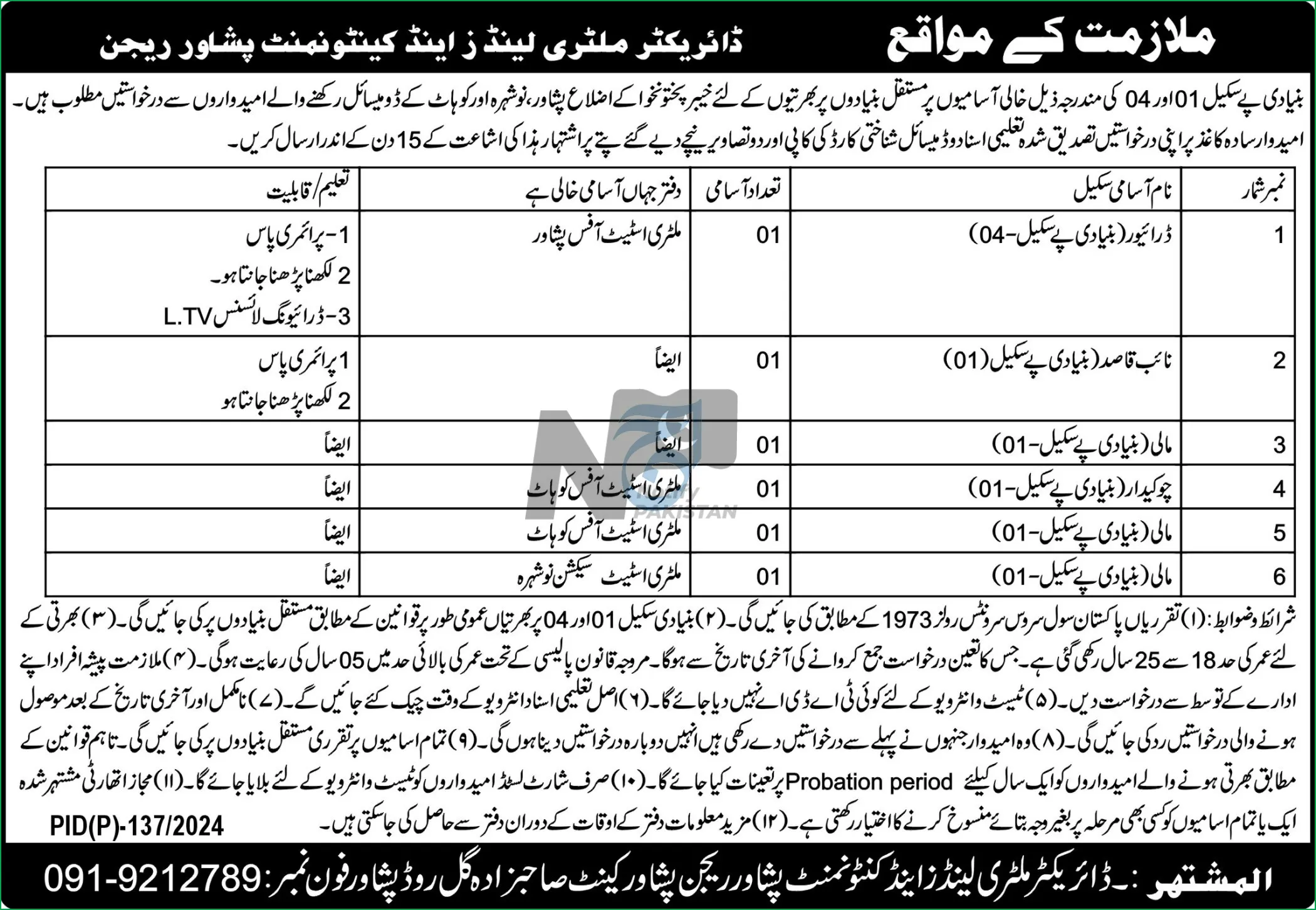 Military Lands and Cantonment MLC Peshawar Jobs 2024 Advertisement