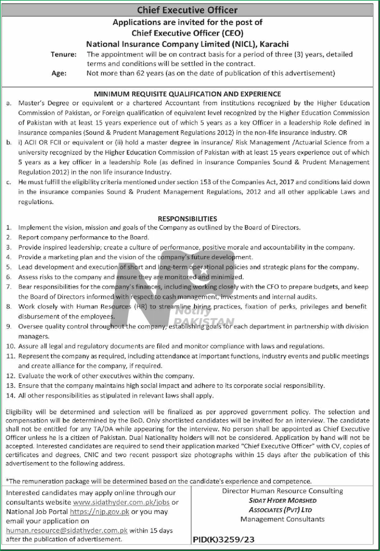 National Insurance Company Limited NICL Karachi Jobs 2024 Advertisement