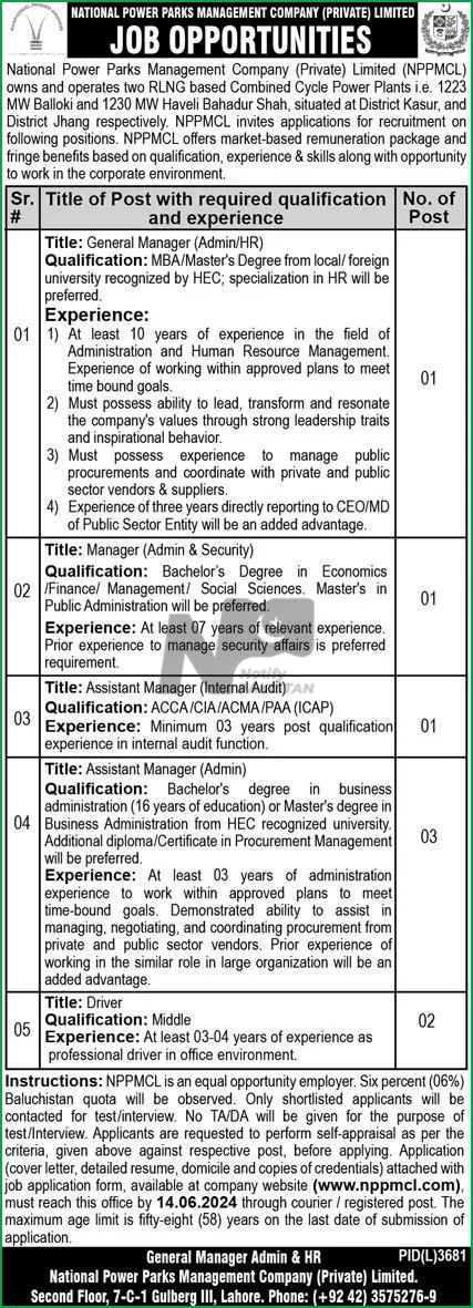 National Power Parks Management Company Limited NPPMCL Lahore Jobs 2024 Advertisement