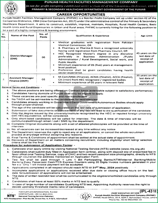 Punjab Health Facilities Management Company PHFMC Jobs 2024 Advertisement