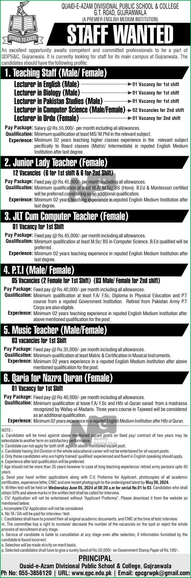 Quaid E Azam Divisional Public School Gujranwala Jobs 2024 Advertisement