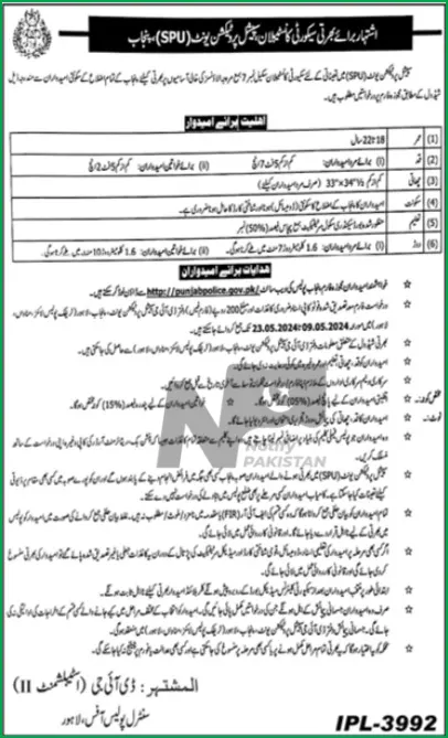 Special Protection Unit SPU Punjab Police Jobs 2024 Advertisement