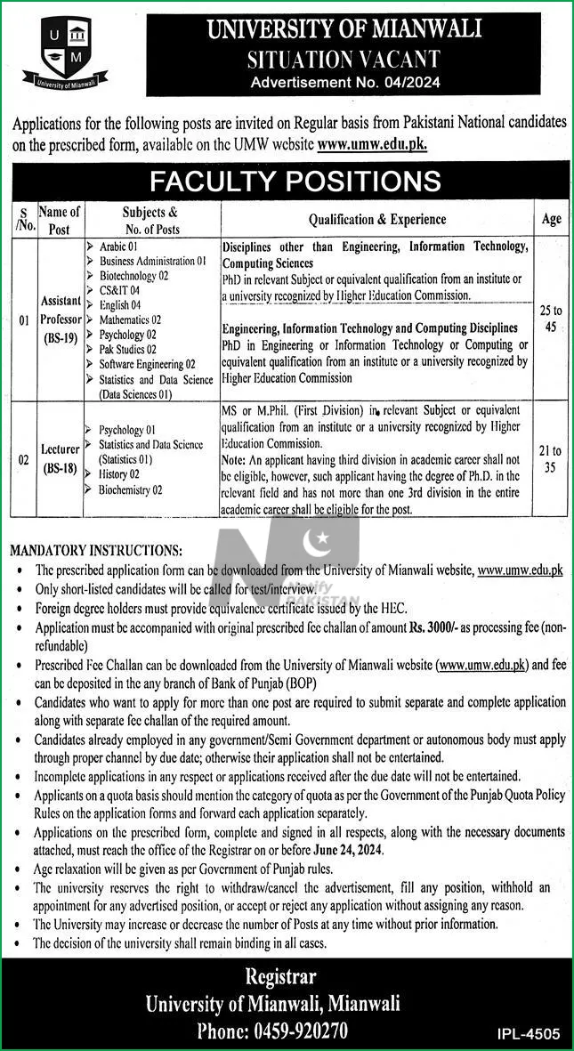 University Of Mianwali Jobs 2024 Advertisement