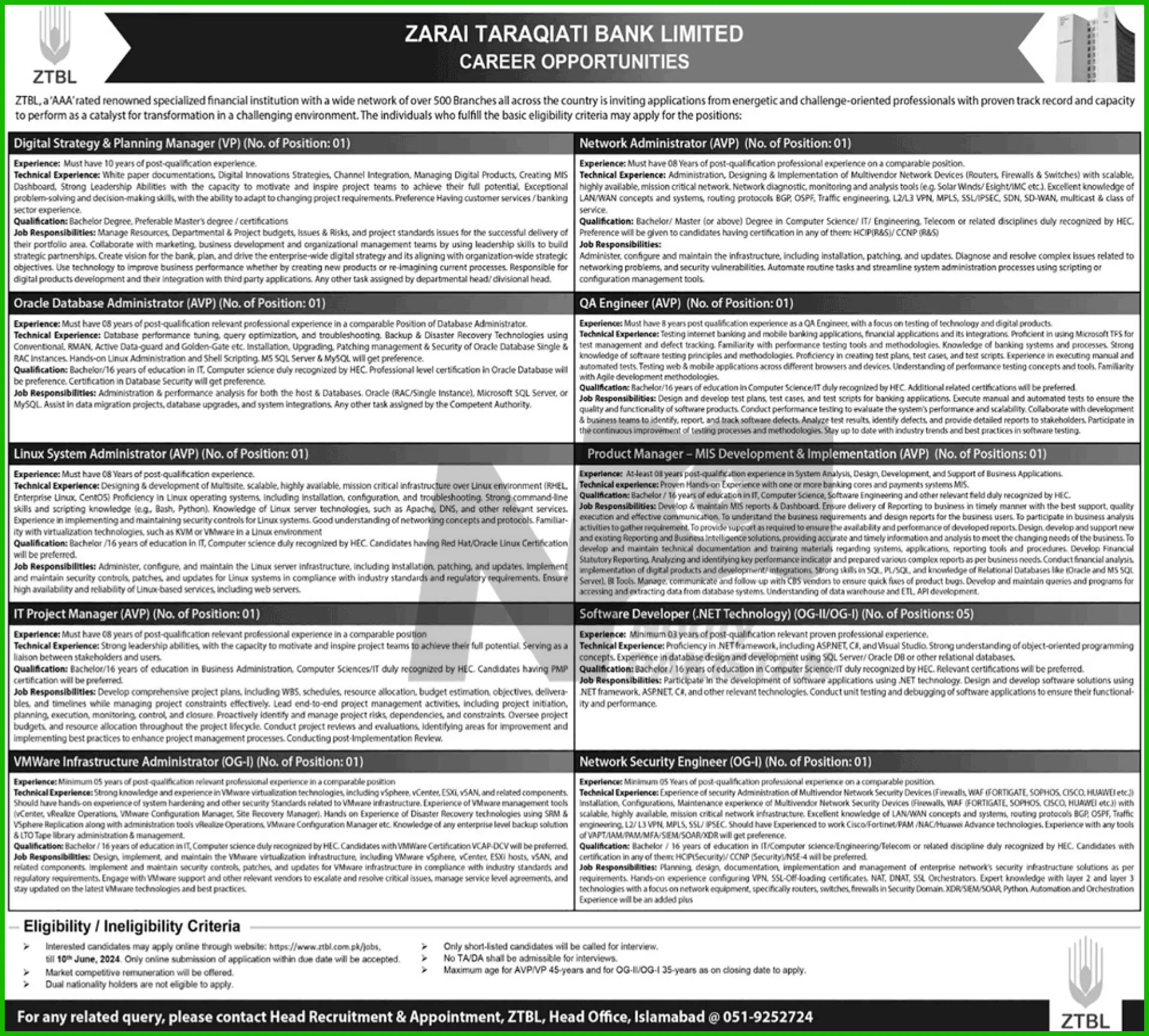 Zarai Taraqiati Bank Limited ZTBL Careers 2024 Advertisements