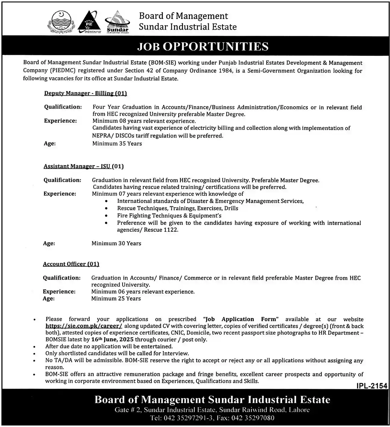 lastest Board Of Management Sundar Industrial Estate SIE Jobs 2025 Advertisement