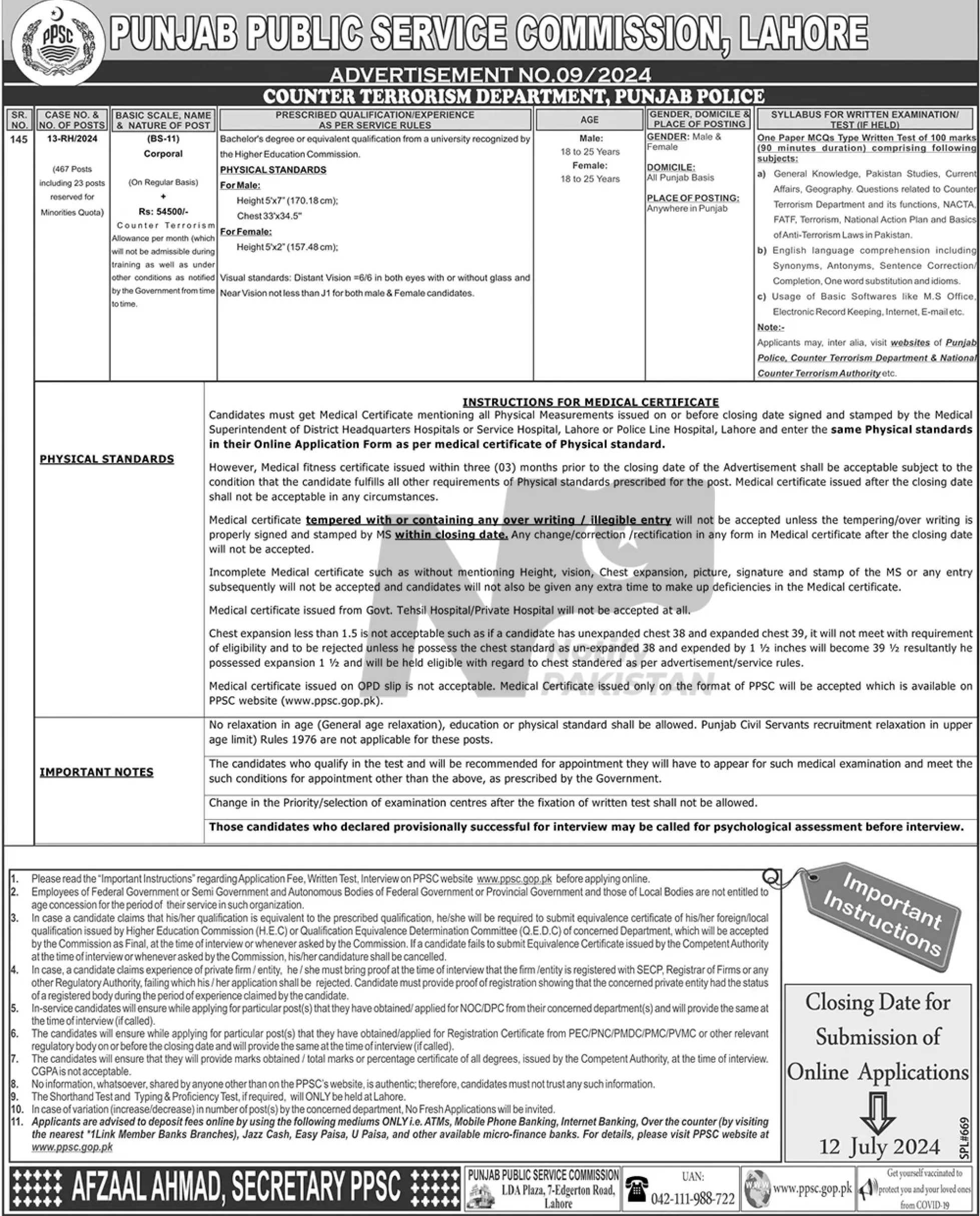 Counter Terrorism Department CTD Punjab Police Jobs 2024 Advertisement