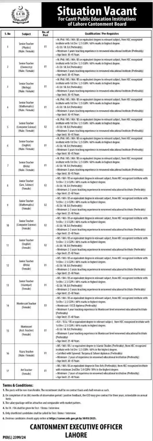 Cantonment Board LCB Jobs 2025