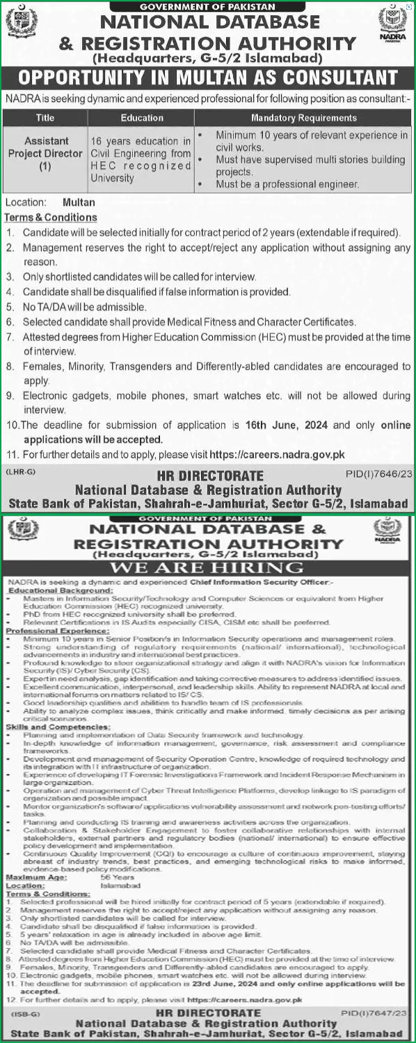 National Database and Registration Authority NADRA Islamabad Jobs 2024 Advertisement