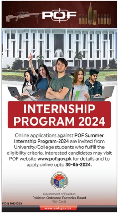 Pakistan Ordnance Factories POF Internship 2024 Advertisement #01