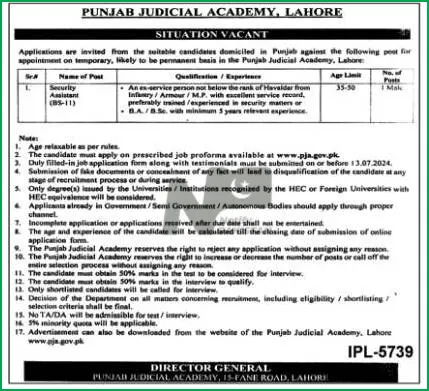 Punjab Judicial Academy PJA Jobs 2024 Advertisement