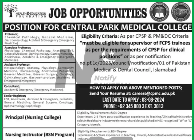 Central Park Medical College Jobs 2024 Advertisement #1