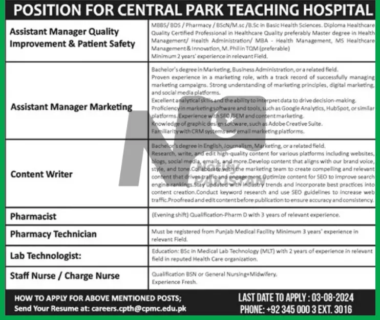 Central Park Teaching Hospital Jobs 2024 Advertisement