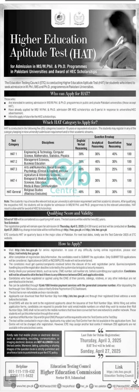 Higher Education Aptitude Test HAT 2025 Advertisement