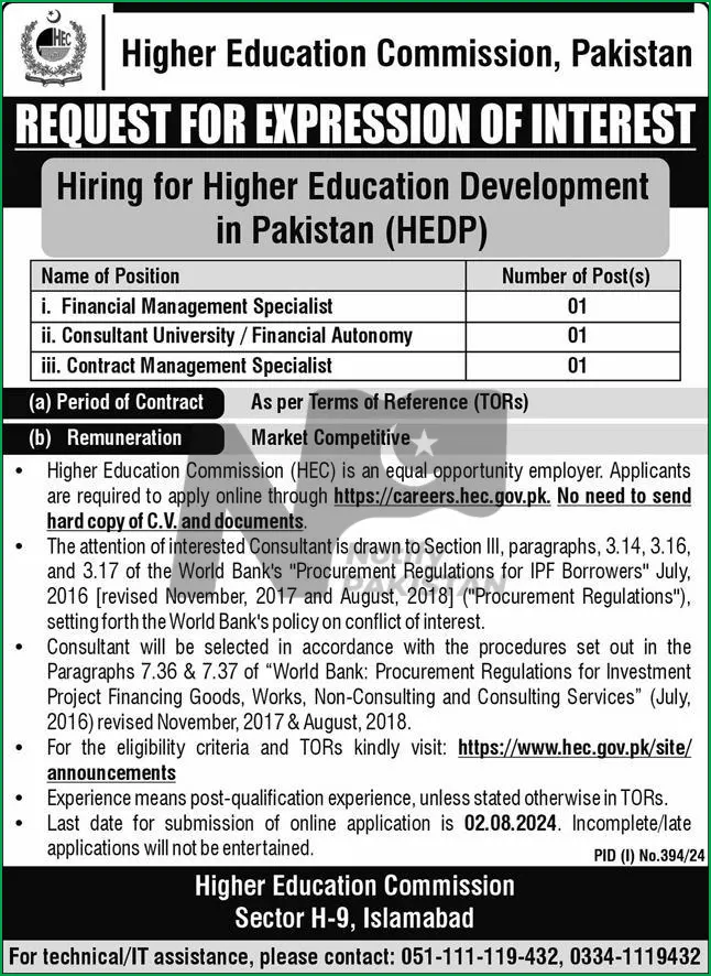 Higher Education Commission HEC Jobs 2024 Advertisement # 01