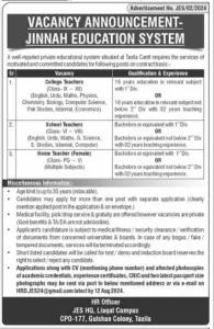 Jinnah Education System JES Jobs 2024 Advertisement