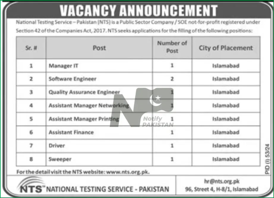 National Testing Service Pakistan NTS Jobs 2024 Advertisement