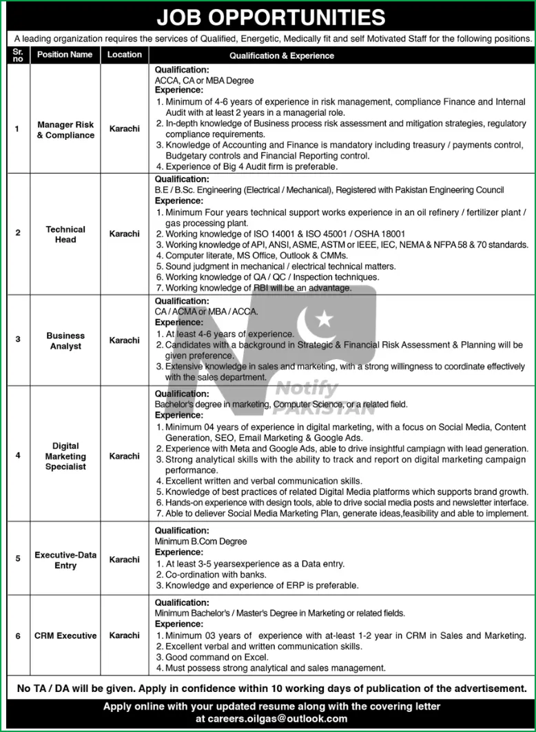 Oil and Gas Company Karachi Jobs 2024 Advertisement