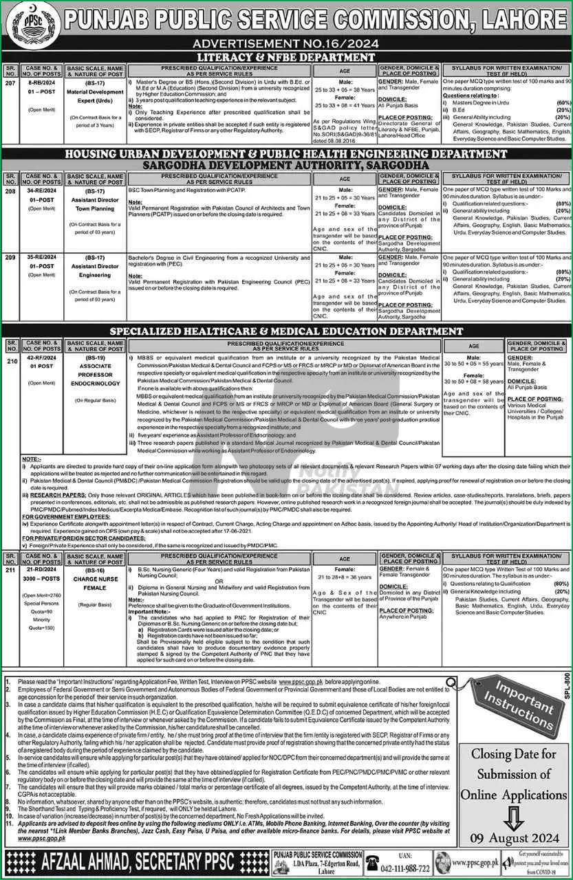 PPSC Advertisement No 16 Jobs 2024