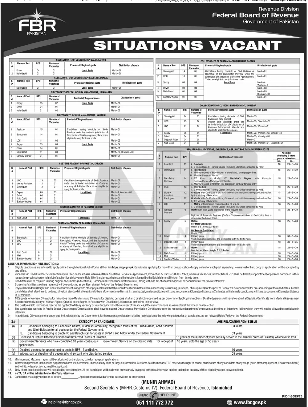 Pakistan Customs Department Jobs 2024 Advertisement #02