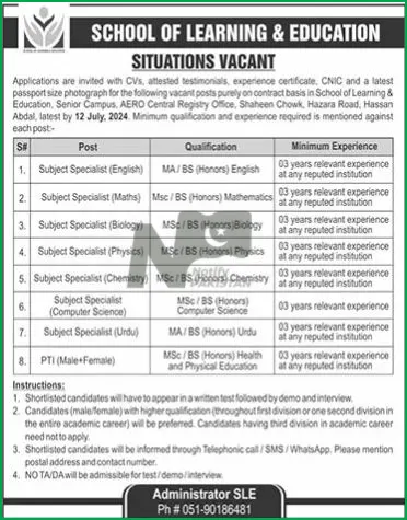 School of Learning and Education SLE Islamabad Jobs 2024 Advertisement