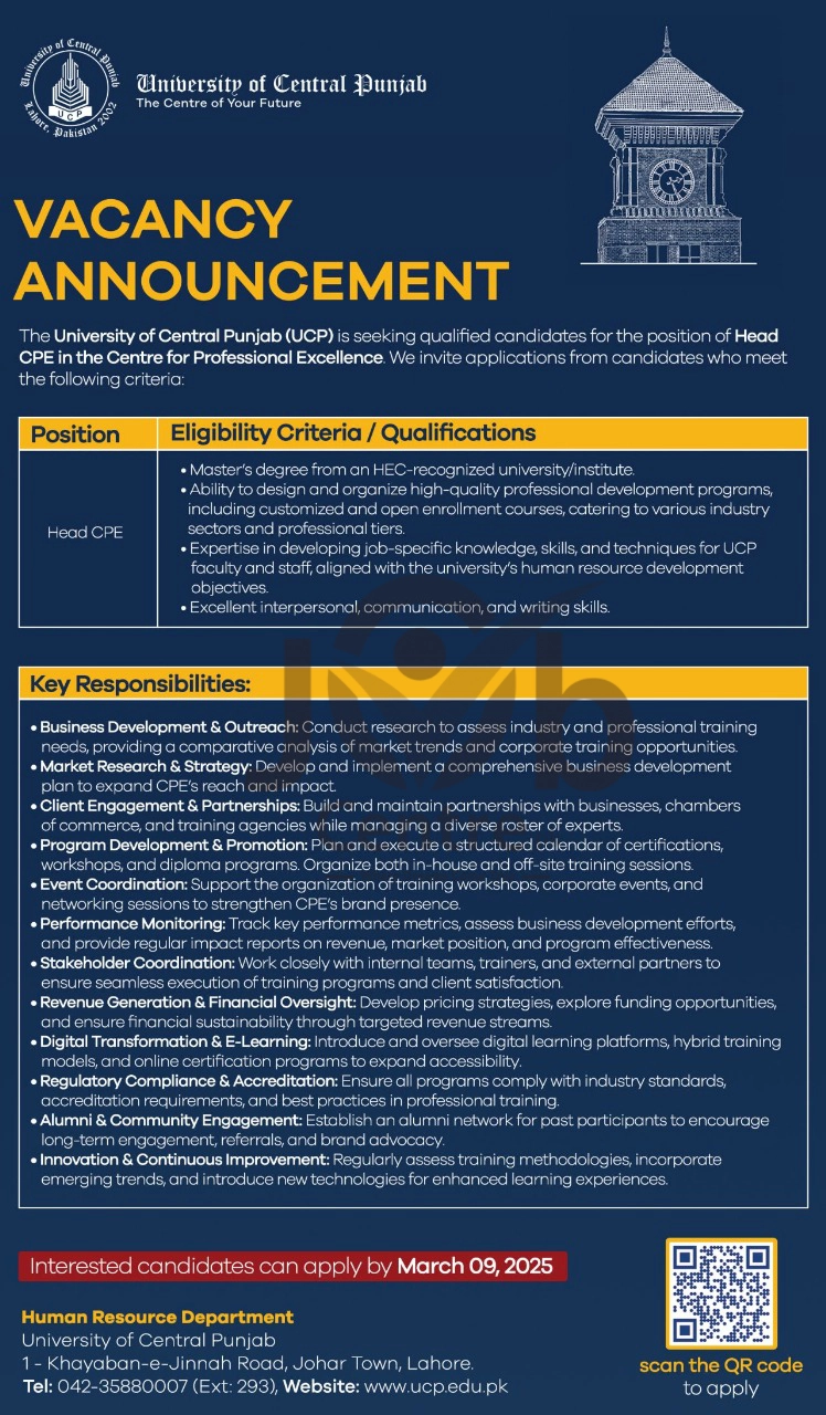 University Of Central Punjab UCP Jobs 2025 Advertisement