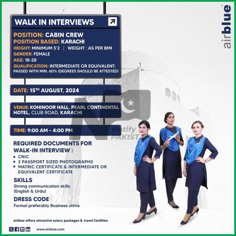 Air Blue Cabin Crew Jobs 2024 Advertisement