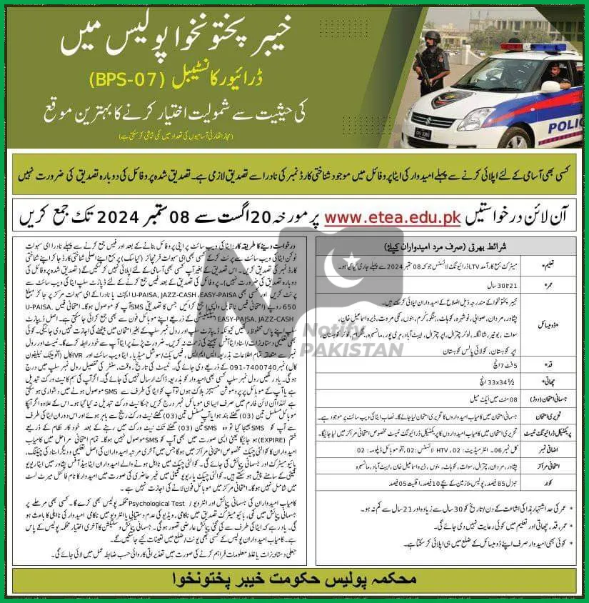 KPK Police Driver Constable Jobs 2024 Advertisement