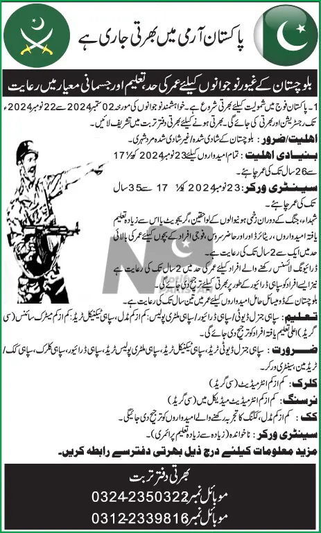 Pak Army Balochistan Sipahi Jobs 2024 Advertisement