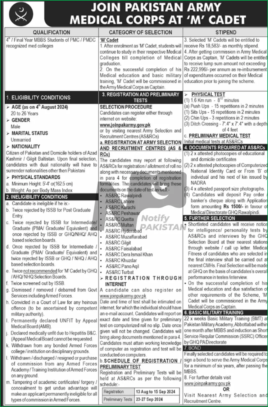 Pakistan Army Medical Corps Jobs 2024 Advertisement