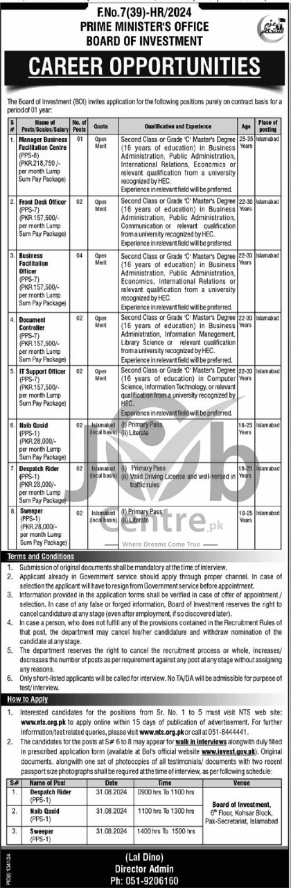 Prime Minister’s Office Board of Investment Jobs 2024 Advertisement