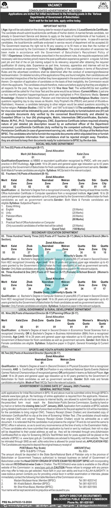 Latest BPSC Jobs Advertisement No 18 Jobs 2024