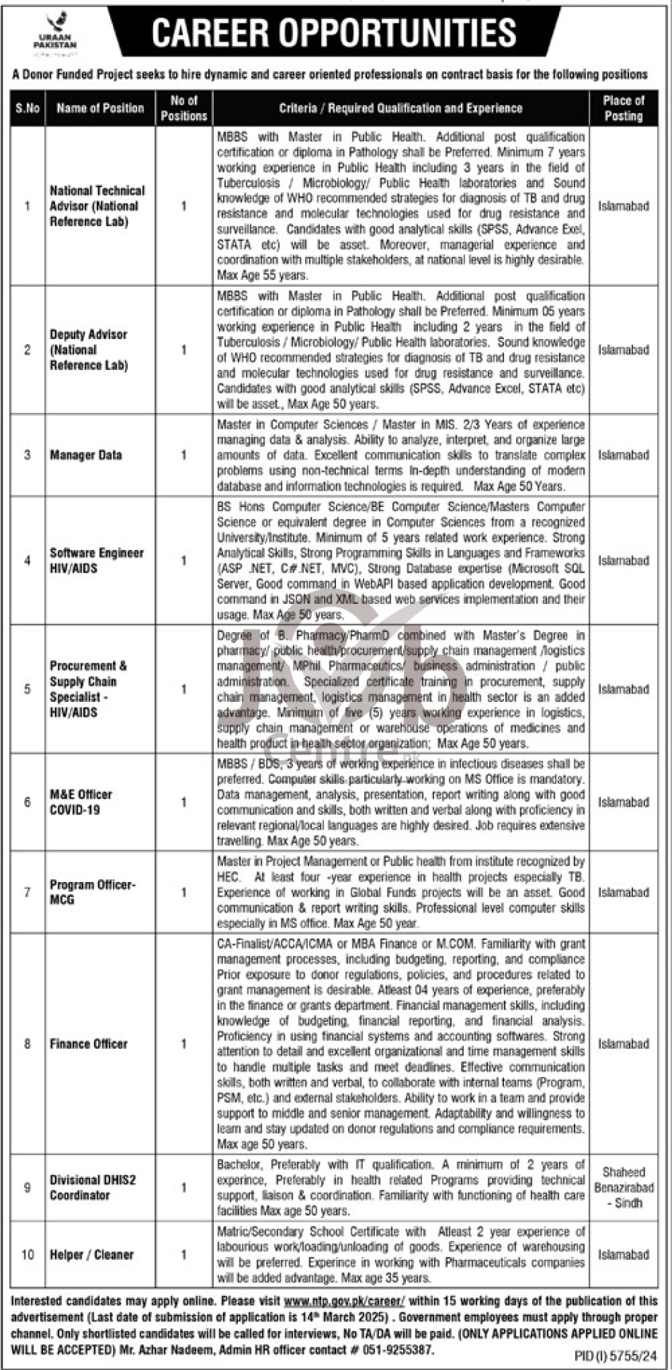 National TB Control Program NTP Jobs 2025 Advertisement