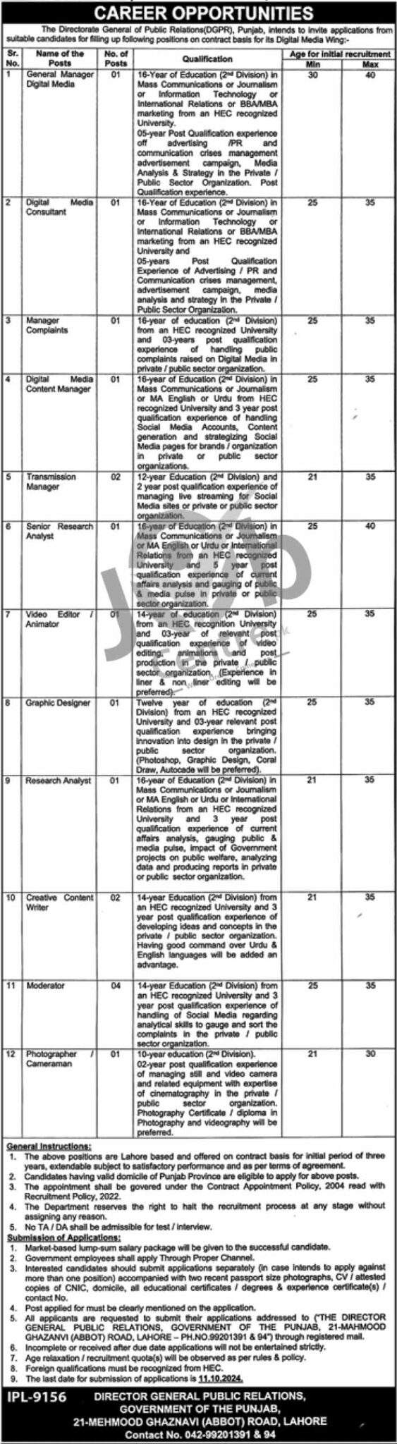 Public Relation Department Punjab Jobs 2024 Advertisement