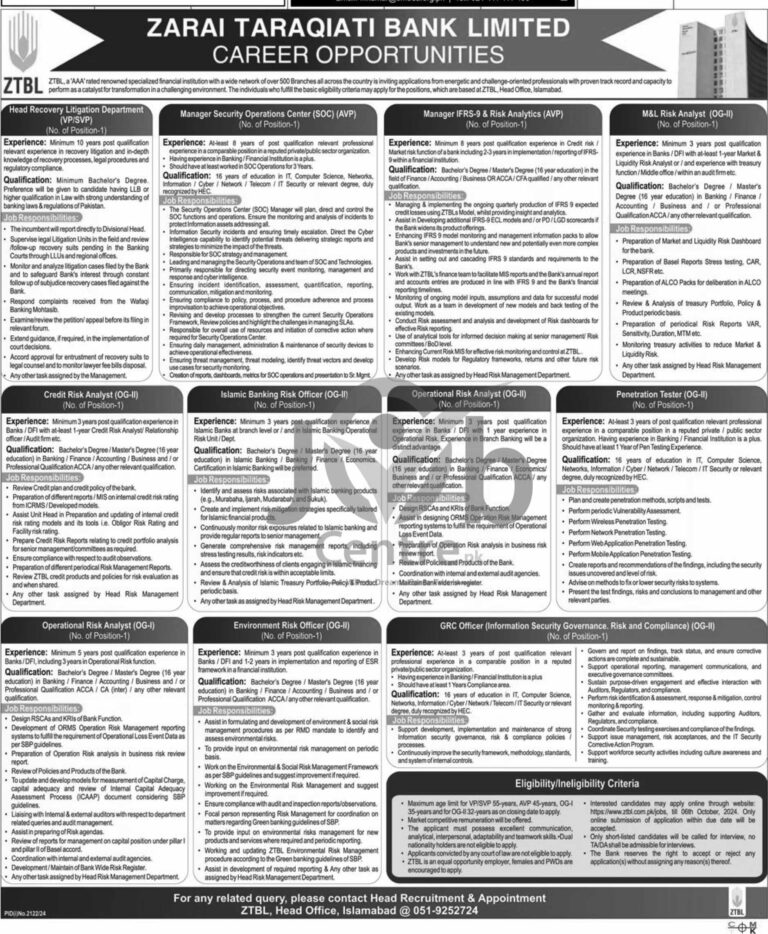 Zarai Taraqiati Bank Limited Careers Online Apply ZTBL Jobs 2024 Advertisement