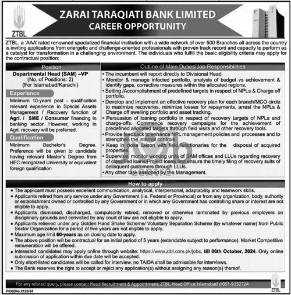 Zarai Taraqiati Bank Limited Careers Online Apply ZTBL Jobs 2024