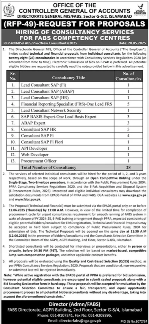 lastest Controller General Of Accounts CGA Islamabad Jobs 2025 Advertisement