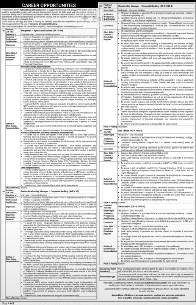 National Bank of Pakistan NBP Jobs 2024 Advertisement: