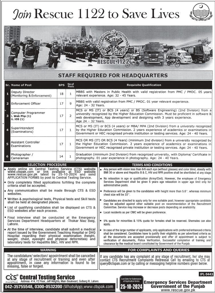 Emergency Service Rescue 1122 Punjab Jobs 2024 Advertisement: