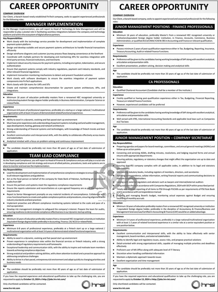 Human Resource Solution International HRSI Jobs 2024 Advertisement: