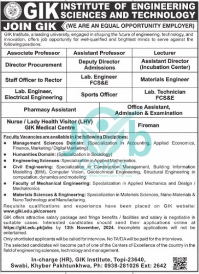 GIK Institute Of Engineering Jobs 2024 Advertisement