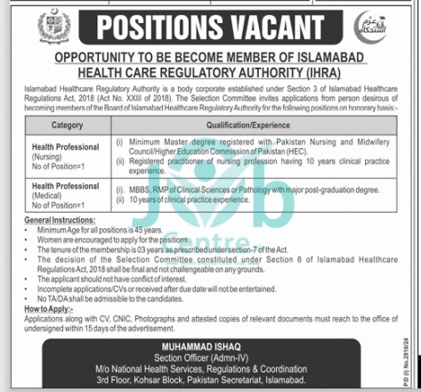 Islamabad Health Care Regulatory Authority IHRA Jobs 2024 Advertisement: