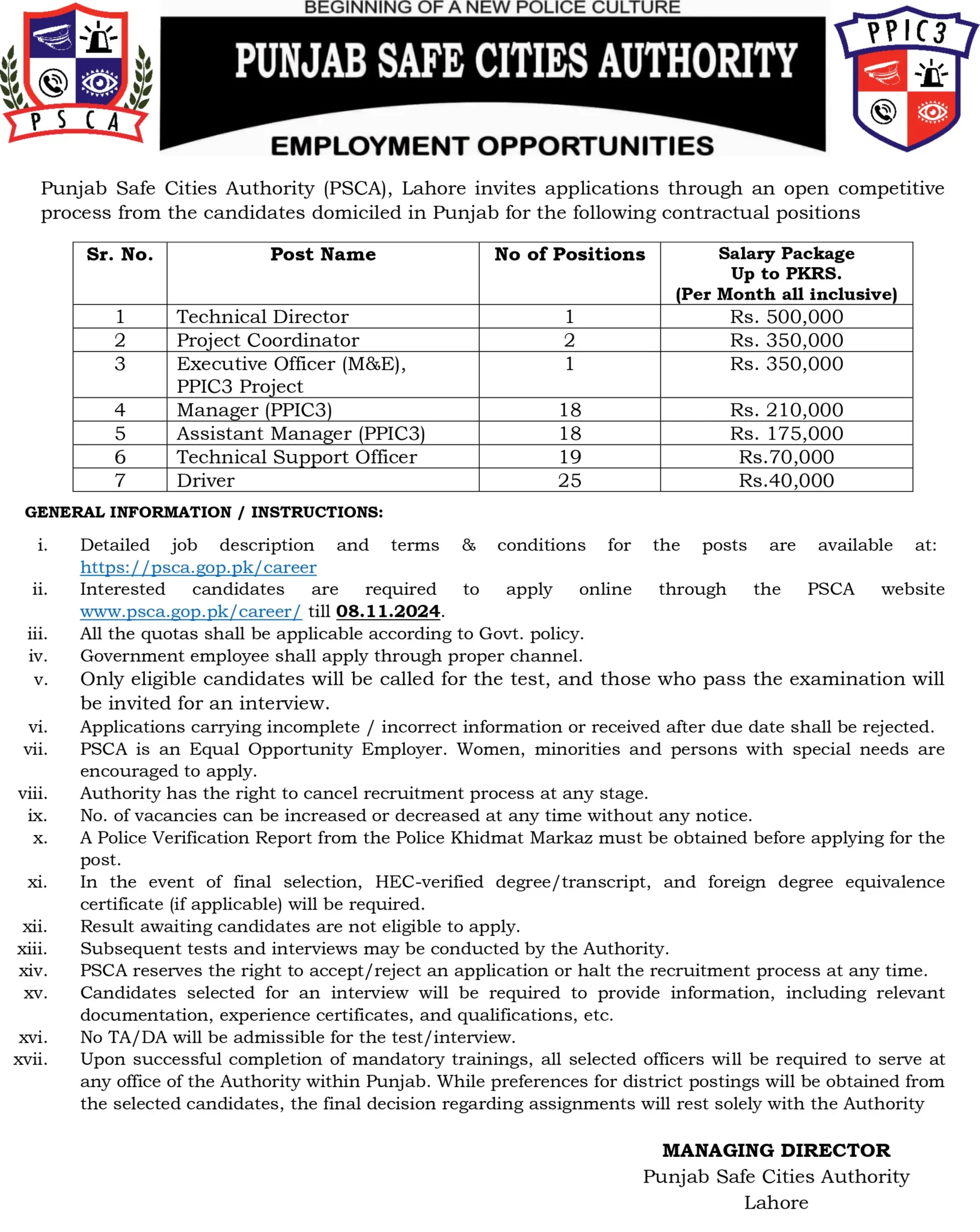 Punjab Safe Cities Authority PSCA Lahore Jobs 2024 of Advertisement