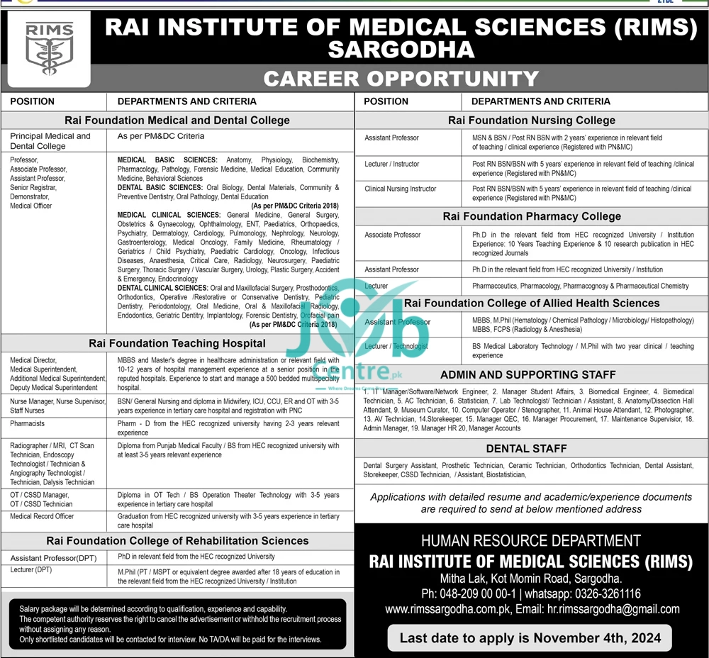 Rai Institute Of Medical Sciences RIMS Jobs 2024 Advertisement